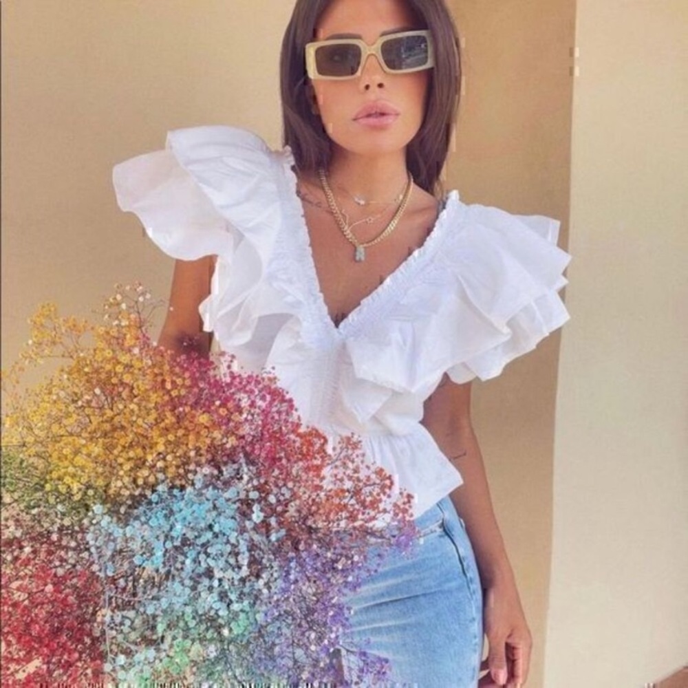 Zara White Ruffled V-Neck Blouse